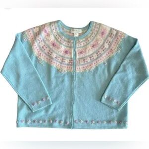 FAIRE ISLE SWEATER CARDIGAN PASTELS FLORAL EMBROIDERY IRIDESCENT BUTTONS MED NWT